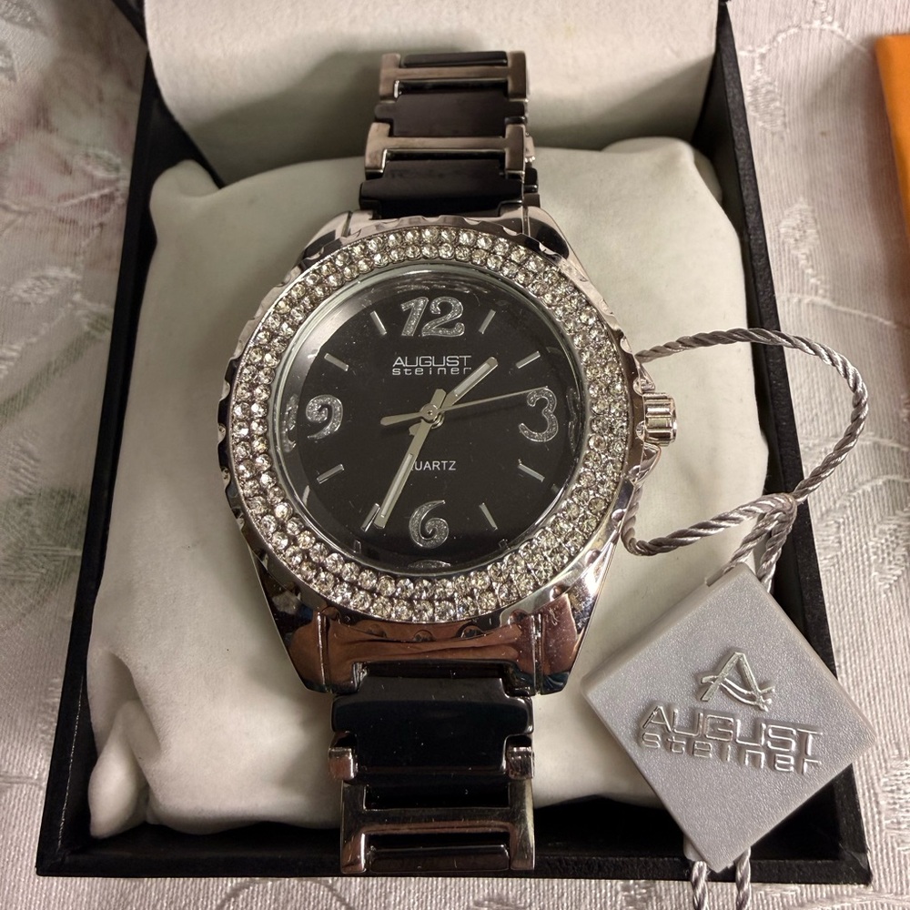 August Steiner Women's Silver and Black Crystal Watch